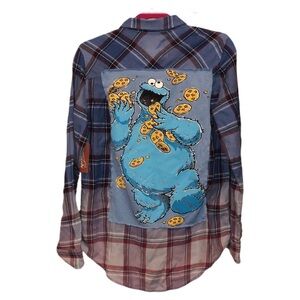 Pink, Purple, Blue Plaid Button Down W/ Cookie Monster Back Patch